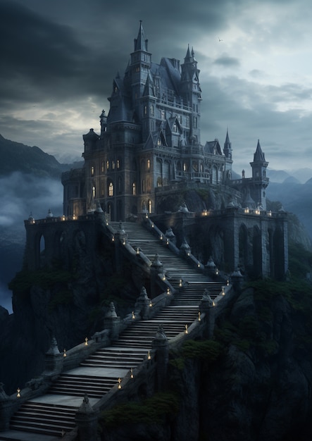 Photo gratuite vue du château la nuit avec une atmosphère effrayante