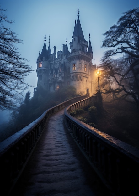 Photo gratuite vue du château la nuit avec une atmosphère effrayante