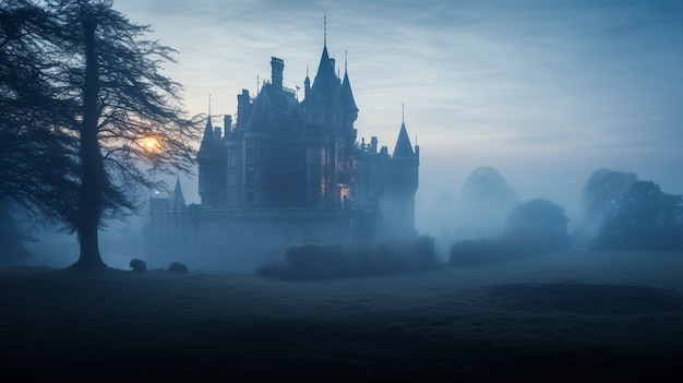 Vue du château la nuit avec une atmosphère effrayante