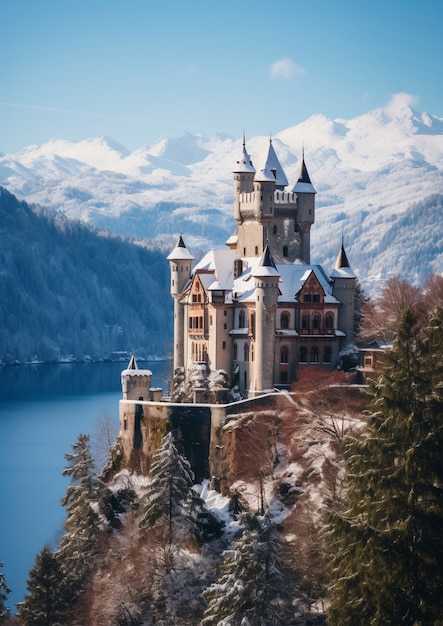 Photo gratuite vue du château avec paysage naturel d'hiver