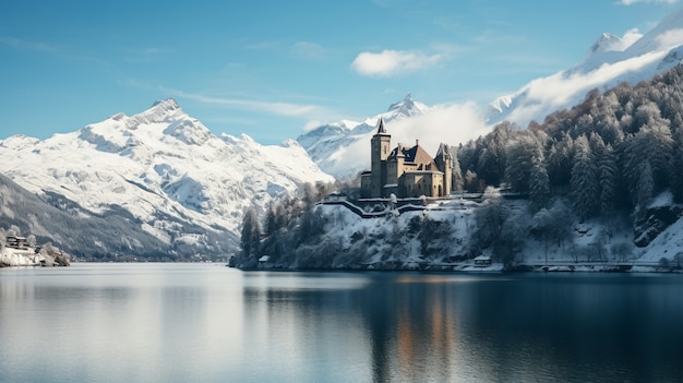 Photo gratuite vue du château avec paysage naturel d'hiver