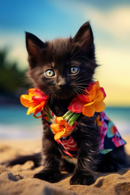 Vue du chaton sur la plage en été