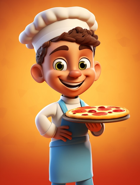 Vue du chef de dessin animé avec une délicieuse pizza 3D