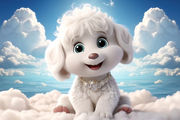 Vue du chien adorable en 3D avec des nuages moelleux