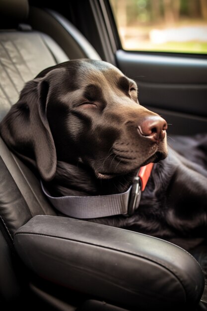 Vue du chien mignon dormant paisiblement dans la voiture