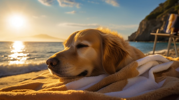 Vue du chien mignon dormant paisiblement à la plage