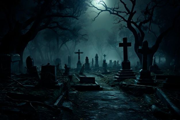Photo gratuite vue du cimetière effrayant la nuit au clair de lune