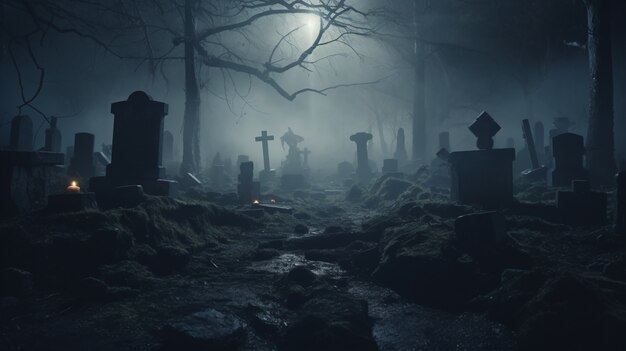 Vue du cimetière effrayant la nuit au clair de lune