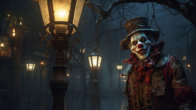 Vue du clown effrayant la nuit avec des lumières