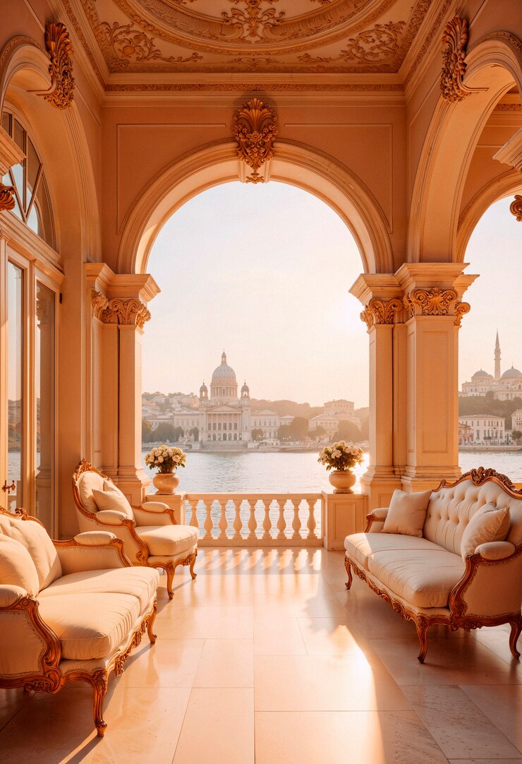 Photo gratuit vue du coucher de soleil sur le balcon du palais