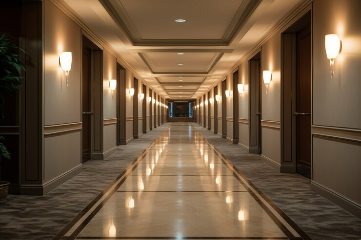 Photo gratuit vue du couloir de l'hôtel de luxe