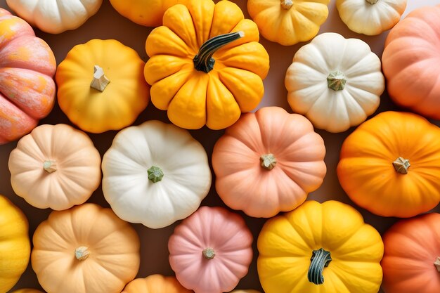 Vue du haut de l'arrangement des citrouilles différentes