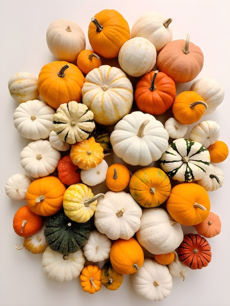 Photo gratuite vue du haut de l'arrangement des citrouilles différentes