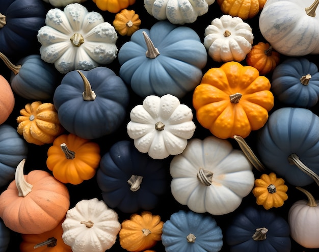 Vue du haut de l'arrangement des citrouilles différentes