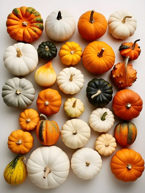 Photo gratuite vue du haut de l'arrangement des citrouilles différentes