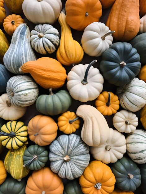 Vue du haut de l'arrangement des citrouilles différentes