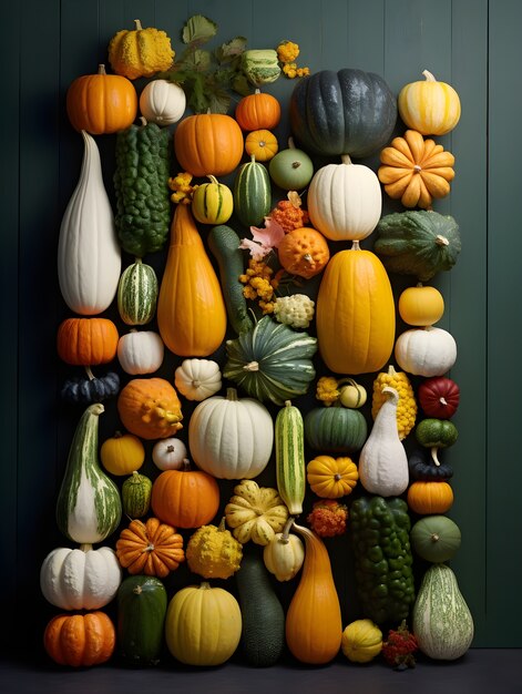 Vue du haut de l'arrangement des citrouilles différentes