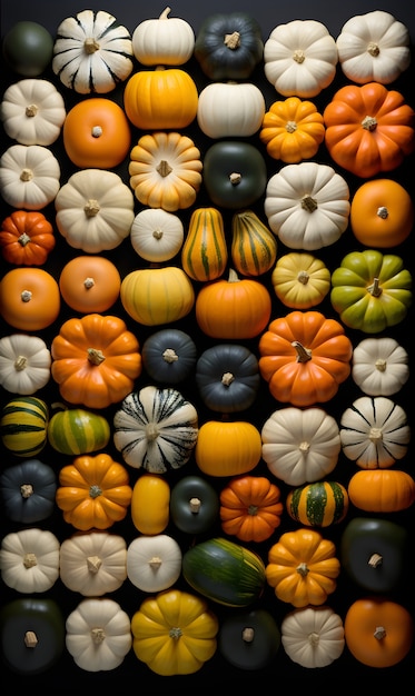 Vue du haut de l'arrangement des citrouilles différentes