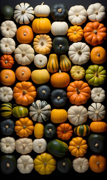 Vue du haut de l'arrangement des citrouilles différentes