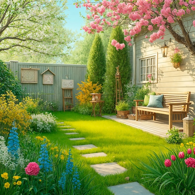 Vue du jardin de l'arrière-cour dans le style de l'art numérique