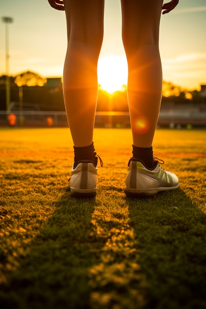 Vue du joueur de football sur le terrain au coucher du soleil