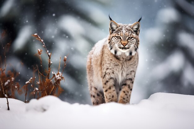 Vue du lynx roux sauvage avec de la neige en hiver