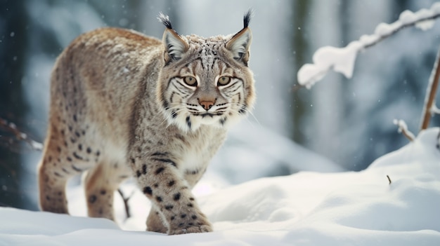 Vue du lynx roux sauvage avec de la neige en hiver