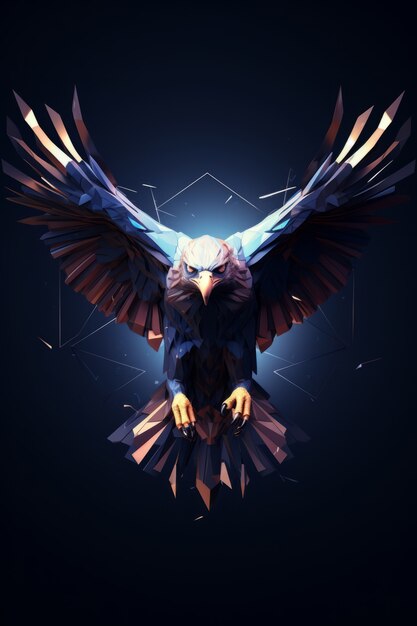 Vue du majestueux aigle 3d avec plumes et ailes grandes ouvertes