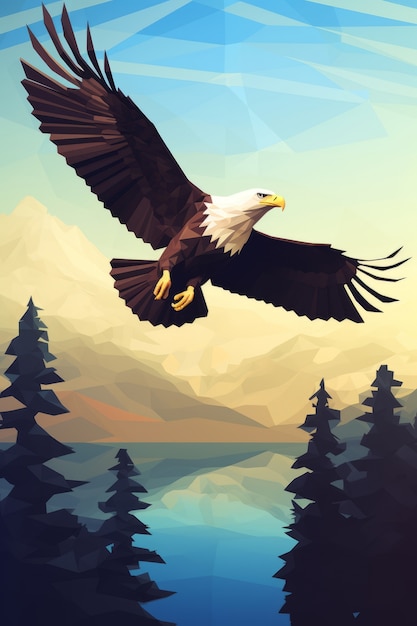 Photo gratuite vue du majestueux aigle 3d survolant le paysage naturel