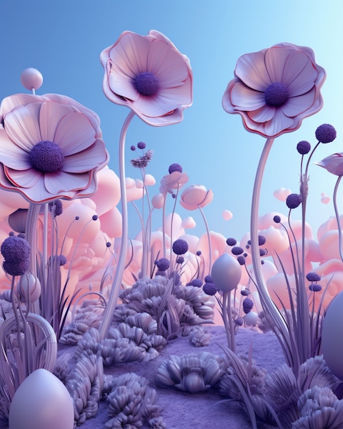 Vue du paysage abstrait 3D avec des fleurs