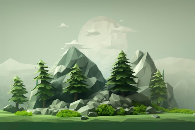 Vue du paysage forestier 3D avec montagnes et ciel