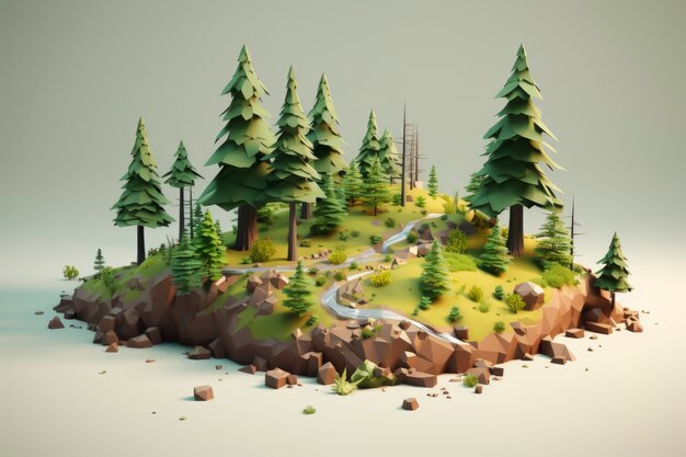 Vue du paysage forestier 3D sur monticule avec rivière