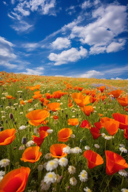 Vue du paysage naturel avec des champs de fleurs