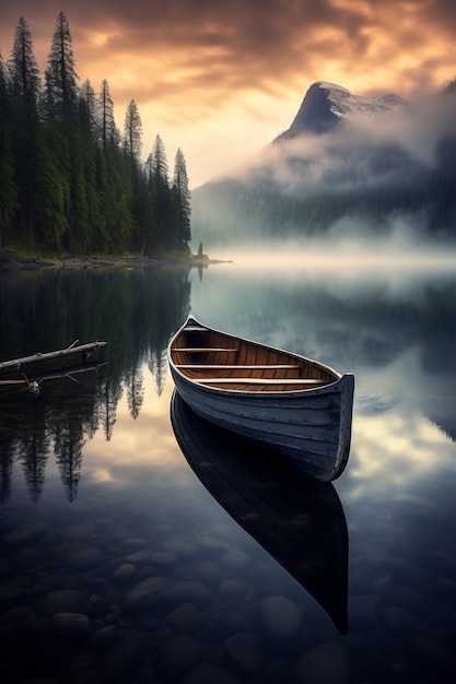 Vue du paysage naturel avec le lac et le bateau