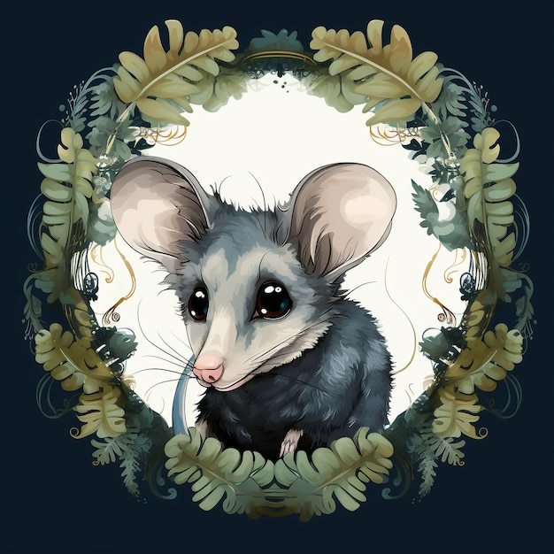 Vue du personnage de dessin animé possum avec cadre de feuilles