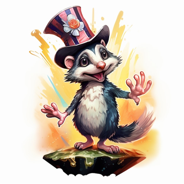 Photo gratuite vue du personnage de dessin animé possum avec chapeau haut de forme