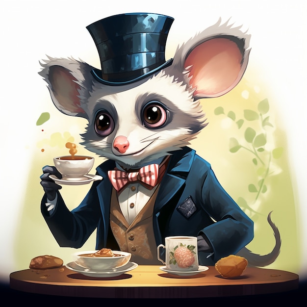 Vue du personnage de dessin animé possum en tant qu'aristocrate