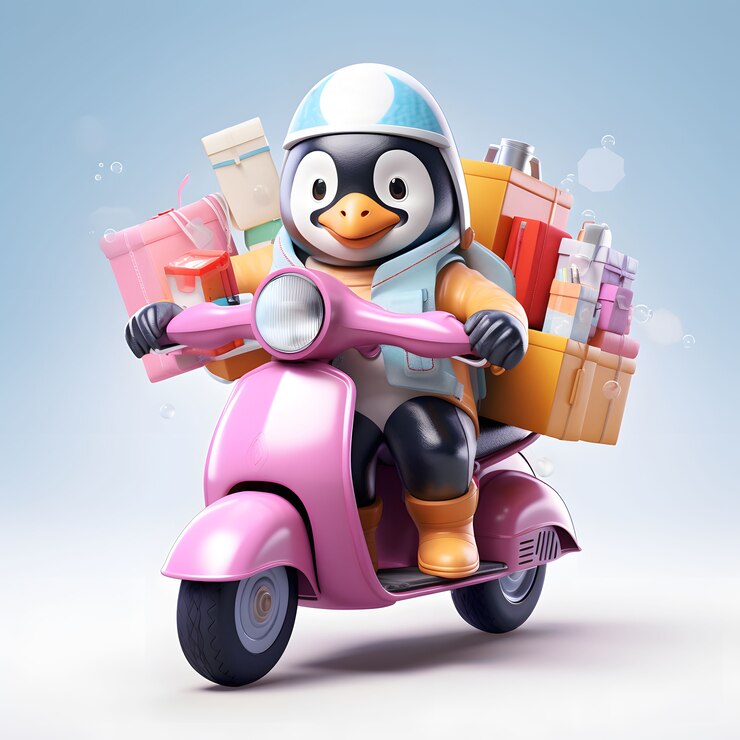 Photo gratuit vue du pingouin 3d animé par dessin animé sur scooter