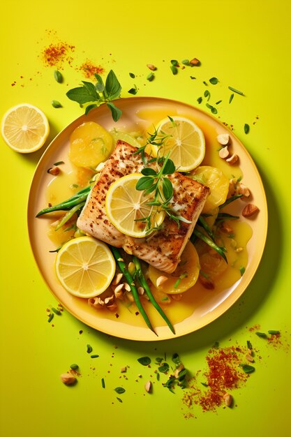 Vue du plat de poisson mahi-mahi avec des tranches de citron