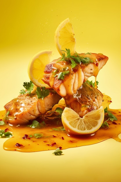 Photo gratuite vue du plat de poisson mahi-mahi avec des tranches de citron