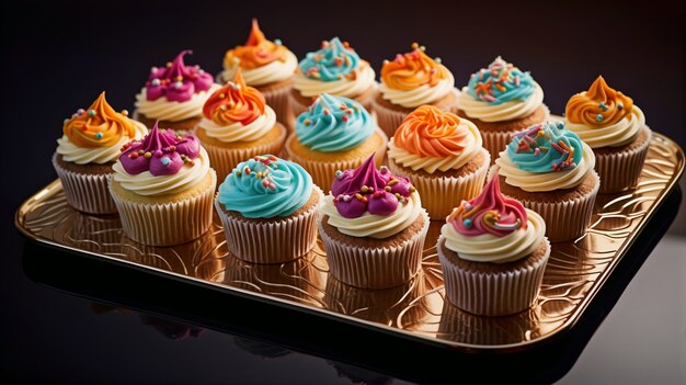 Vue du plateau rempli de desserts cupcakes délicieux et sucrés