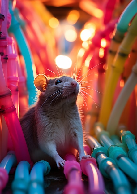 Photo gratuite vue du rat avec des tuyaux colorés