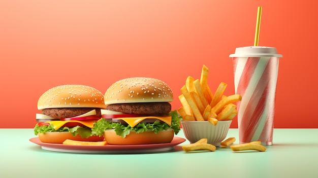 Photo gratuite vue du repas burger 3d avec frites