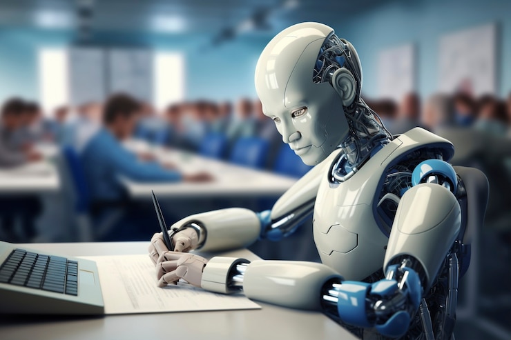 Photo gratuit vue du robot futuriste dans l'environnement scolaire