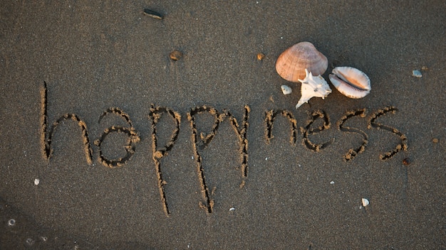 Photo gratuite vue du sable de la plage en été avec un message écrit dessus