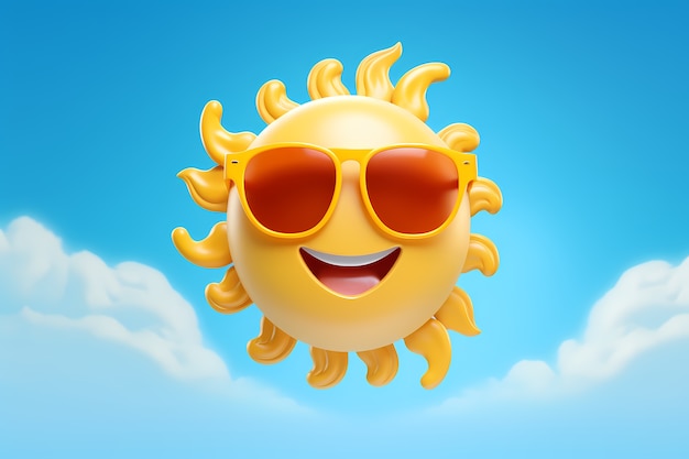 Photo gratuite vue du smiley 3d et du soleil heureux avec fond de ciel