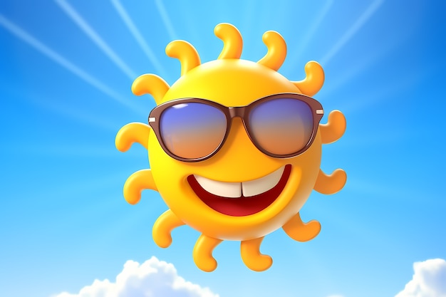 Photo gratuite vue du smiley 3d et du soleil heureux avec fond de ciel