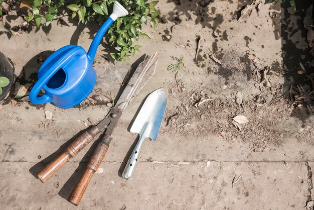 Vue élevée de l&#39;arrosoir; pelle à main et ciseaux de jardinage en serre