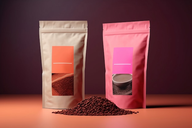 Vue d'un emballage 3D avec des grains de café torréfiés