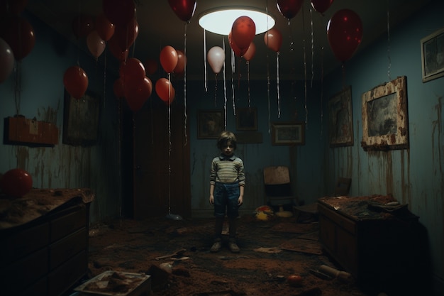 Vue d'un enfant dans une pièce sombre avec des ballons